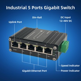 Mini Industrial Gigabit Ethernet Switch,Unmanaged Ethernet Network Hub Switch with 5 x RJ45 Port 10/100/1000T,12~48VDC,Support 802.3X Flow Control,Half/Full Duplex,Din-Rail/Wall Mount