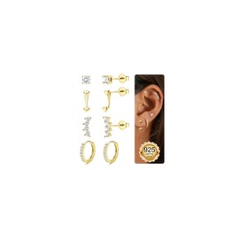 JeweBella 4 Pairs of Earrings Silver 925 Women's Stud Earrings Hoop Earrings Gold Set 18K Gold-Plated Earrings Stackable Helix Piercings Earrings Hanging Hypoallergenic Cartilage Earrings Set