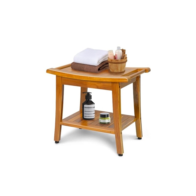 20" Premium Teak Shower Bench with Shelf & Handle, Solid
