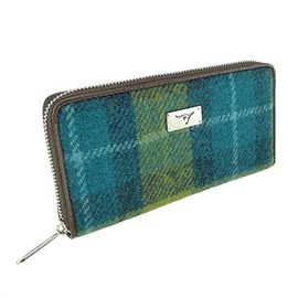 Glen Appin Harris Tweed Large Zip Purse LB2100 Staffa Colour 114 Sea Blue and Green Check