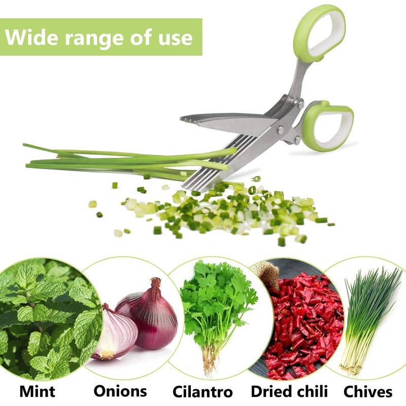 5-Blade Herb Cutter Scissors with Safety Cover, Cleaning Comb -