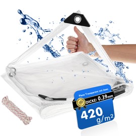 Transparent Tarpaulin with Eyelets, Waterproof Tarpaulin with Rope, 420 g/m² PVC Outdoor Curtain for Garden Furniture, Greenhouse, Gazebo, Balcony, 1 x 1 m