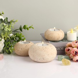 OwnMy Set of 3 Travertine Tealight Candle Holders Decorative Stone Candle Holders Set, Elegant Travertine Votive Candle Stands for Dining Table Centerpiece Wedding Home Kitchen Decors, 2.9"+3.2"+4"