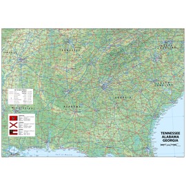 Tennessee, Alabama and Georgia Physical Map - 23.3 x 16.5 Inches - Paper Laminated