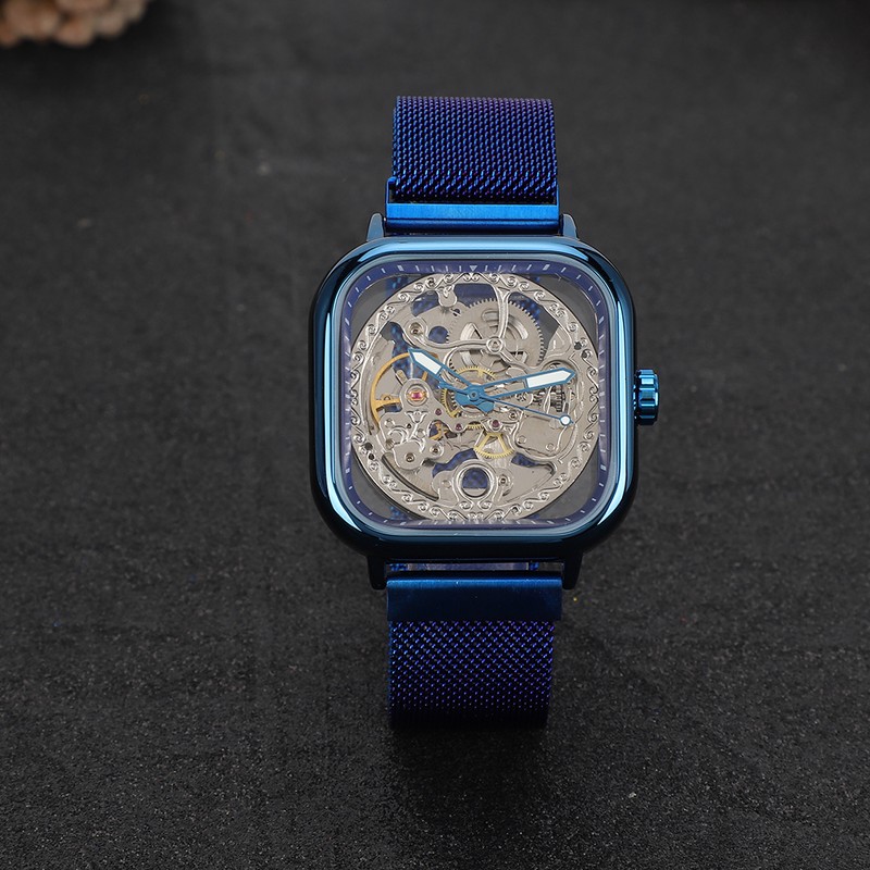 FORSINING Stainless Steel Strap Waterproof Hollow Automatic Mechanical Men WatchBlue