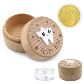 Wooden Tooth Fairy Box, Cute Tooth Fairy Tooth Holder, Tooth Fairy Kit with Tooth Fairy Coin and Transparent Storage Box, 3D Carved First Tooth Keepsake Box for Lost Teeth (Bowknot)