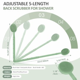 GEENOA Adjustable Silicone Back & Face Scrubber Set, 16''-24'' Extendable Shower Back Scrubber with Dual-Side Head and Lathering Bristles, Manual Face Scrubber with Soft Bristle Non-Slip Handle(Green)