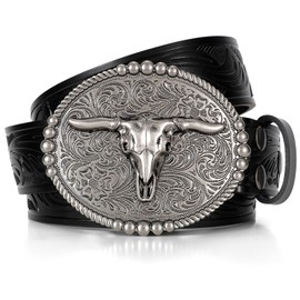 SANSTHS Cowboy Belts for Men Women, Western Leather Belt with Big Buckles Mexican Country Black Longhorn Bull Belt for Jeans, Black