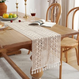 ZARROUEA Four-Leaf Clover Boho Beige Table Runner Beige Vintage Elegant Farmhouse Bohemian Crochet Macrame with Tassels Table Runner Wedding Party Bridal Shower Kitchen Dining Table Decor-63inch