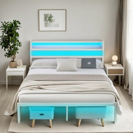 CLIBFENG Queen Bed Frame with Headboard,Heavy Duty Steel Slats Support-LED Bed Frame with USB Charging Station,Mattress Foundation-Under Bed Storage,No Box Spring Needed,Noise Free,White