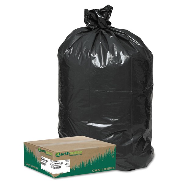 Earthsense Commercial RNW1TL80 Trash Bags, Hvy Dty, 33Gal, Low Den, 80/CT, Black