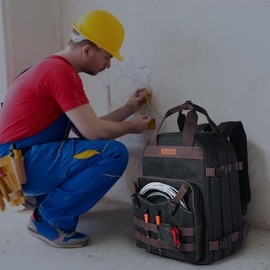 WELKINLAND 90-Pockets Electrician Backpack, Wax-Canvas Tool Backpack Heavy Duty, Convenient Work Tool Backpack With Pockets