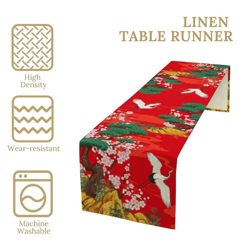 Houselerax Japanese Cherry Blossom Crane Table Runner,Asian Pine Tree Crane