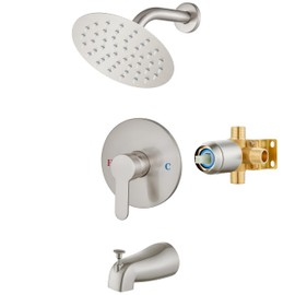 Airuida Shower Faucet Set with Tub Spout Bathtub Faucet Kit Shower Tub Faucet Set Complete Tub Shower Trim Kit with Solid Brass Rough-in Valve Rainfall Round 6 Inch Shower Head Brushed Nickel