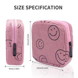 Teircno Sanitary Napkin Storage Bag,Preppy Corduroy Period Bag for Women, Cute Smiley Face,Portable Period Pouch with Zipper, Sanitary Pads Bag Tampons Holder for Purse, First Period