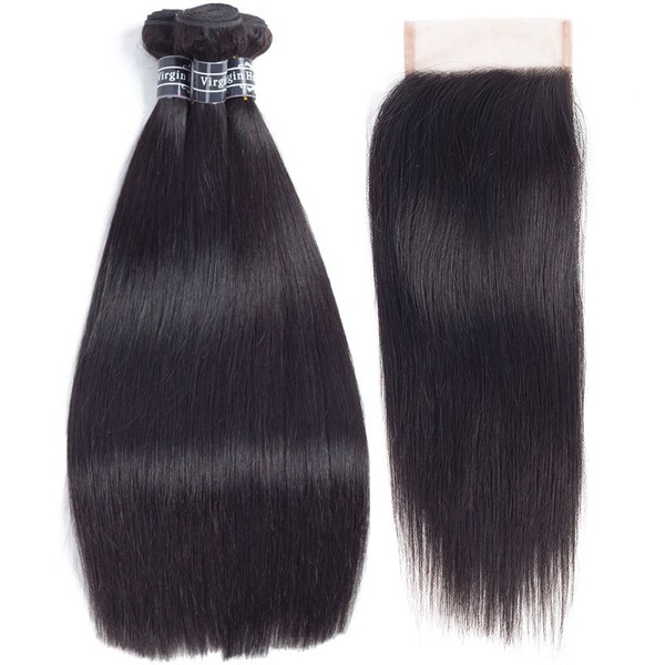 Amella Hair Brazilian Virgin Straight Human Hair with Lace Closure (16” 18” 20” with 14”, Natural Color) 8A 100% Unprocessed Straight Brazilian Virgin Hair Weave with 4x4 Swiss Lace Closure
