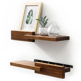 GRID FORTE Wood Floating Shelf Set of 2, 4.5D x 15W Inch Modern Reversible Wall Shelves, Minimalism Wall Mount Hardwood Shelves, Wall Decor for Bedroom Living Room Kitchen (Walnut)