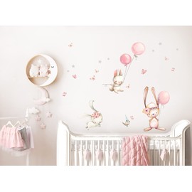 Little Deco DL726 Wall Sticker Children's Room Animals Rabbits I Wall Picture 54 x 39 cm (W x H) I Balloons Stars Wall Sticker Playroom Baby Decoration Children