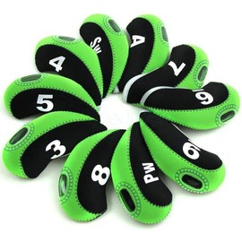 FLTRAD 10Pcs Golf Clubs Iron Head Covers 3-9 A/SW/PW Elastic Reused Neoprene Material with Number Tag Protect Case For Irons (Black&Green)