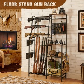 DGWJSU Gun Rack, 8 Rifle Rack Stand with Pistol Shelves, Indoor Gun Rack for Wall Mount, Floor Gun Stand with 2 Bottom Storage Shelves, Folding Gun Rack Stand for Hunting Rifle Airsoft Gun Holder