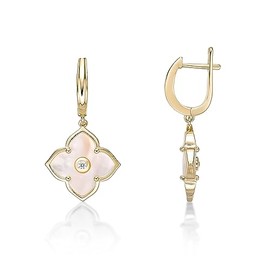 Mother of Pearl Flower Dangle Drop Earrings for Women with Cubic Zirconia in 925 Sterling Silver with Yellow Gold Plating Hinged Back by Lavari Jewelers