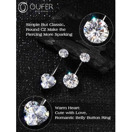 OUFER Belly Bars Internally Thread Belly Button Piercing 14G Grade23 Solid Titanium Double Shiny Cubic Zirconia Navel Piercing Navel Bar Belly Button Bars