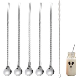 Straw Spoon, Spoon and Straw Combination, Stirring Straw Spoon, Smoothie Spoon, Milkshake Spoon, Suitable for Smoothie Milkshake Cocktail Coffee (Pack of 6)