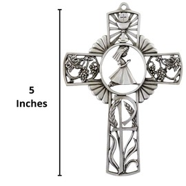 Pewter First Communion Wall Cross with Praying Girl, 5 Inch