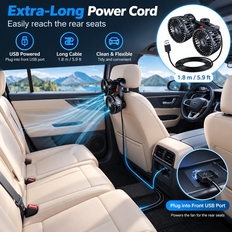 Dual Head Car Fan for Rear Seat Cooling – 3-Speed