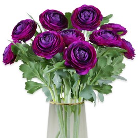 Artificial Ranunculus Flowers with Real Touch Stem, Silk Ranunculus Flowers (Purple, 10pcs)
