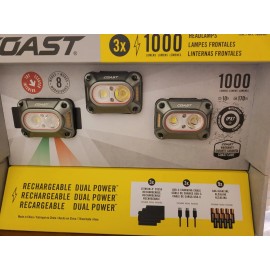 Coast "3-PACK" 1000-Lumen Headlamp Rechargeable Dual Power WATER PROOF IPX7