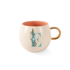 Fringe Studio Round Stoneware Mug, Floral Monogram Letter E 3.38" DIA. X 3.5" H, 14 FL.OZ., Hand-Painted Gold Handle, (428047)