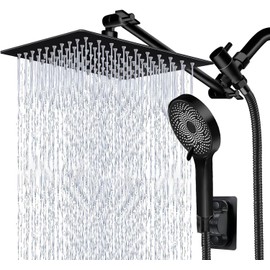 Shower Head,10 Inch High Pressure Rain Shower Head with Handheld Spray Combo, Adjustable Dual Rainfall Shower Head - Showerhead Comb Set with Extension Arm - 60 Inch Long Shower Hose（Black）