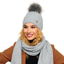 ELIMELI® Women's Winter Warm Knitted Wool Hat with Cashmere Winter Hat with Faux Fur Bobble Slouch Knitted Beanie for Winter Bobble Hat Made in EU, Grey - set with scarf, Einheitsgröße