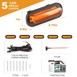 5 Pcs Front LED Grill Lights Compatible with Ford Bronco Accessories 2021 2022 2023 2024 2/4 Door Badlands Wildtrak Everglades & First Edition with Fuse & Wiring Harness (Amber Light with Amber Shell)