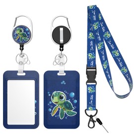 Handlein Retractable Badge Holder with Detachable Lanyard, Heavy Duty ID Badge Reel Keychain with 360-Degree Rotating Carabiner Clip, Cute Card Protector for Women, Nurses, Officers (Cute Turtle)