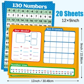 20Pcs Number Chart Poster Number Line Whiteboards Cards 9" x 12" DoubleSided 130 Number Chart Math Manipulatives White Board Writable and Erasable for Students Homeschool Teaching Supplies Favor