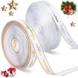 2 Roll Christmas Ribbon for Gift Wrapping, Silver Gold 10mm x 9 Meter Each, Merry Christmas Ribbon for Crafting Satin Ribbon Grosgrain Rope for Holiday Christmas Party Favors DIY Crafts, Simple Style