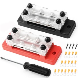Power Distributor Busbar Block, 12V-48V DC, 250A, 4M8 Terminal Bolts, Pack of 2, Black/Red (B-Black and Red)
