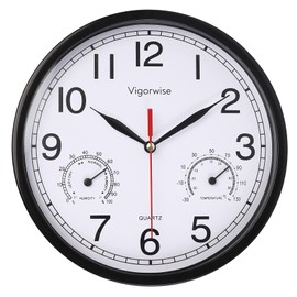 Vigorwise Wall Clock, Sweep Silent Movement Accurate Clocks with Temperature & Humidity, Decorative for Kitchen/Living Room/Bedroom/Office/School/Classroom (Black, 8 inch)