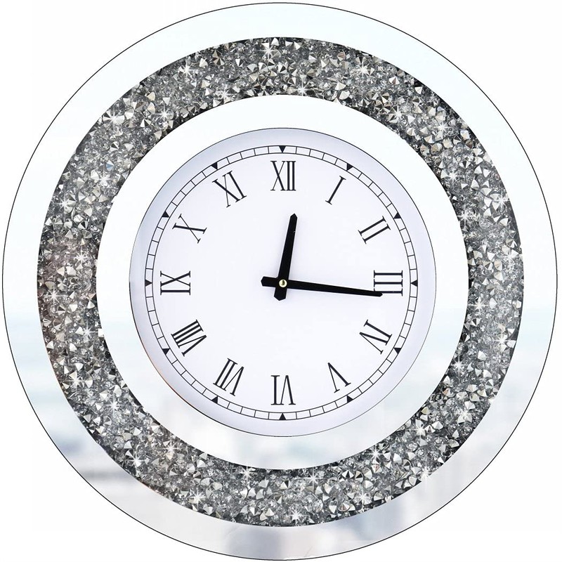 DMDFIRST Silver Round Mirror Clock 20x20inches Crystal Sparkle Twinkle Bling