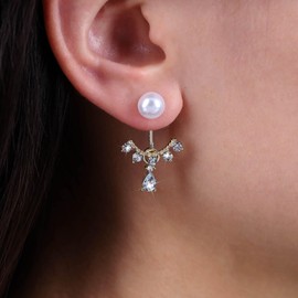 Sttiafay Vintage Crystal Pearl Ear Jacket Earrings Rhinestone Ear Climber Earrings Teardrop Crystal Drop Earrings Gold Pearl Stud Earrings Jewelry for Women