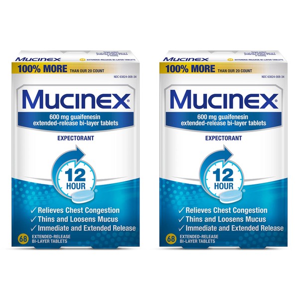 Mucinex 12 hour Chest Congestion Medicine, Chest Congestion Relief, Expectorant, Lasts 12 hours, Powerful Symptom Relief, Extended-Release Bi-layer tablets, Value Size, 68 count (Pack of 2)