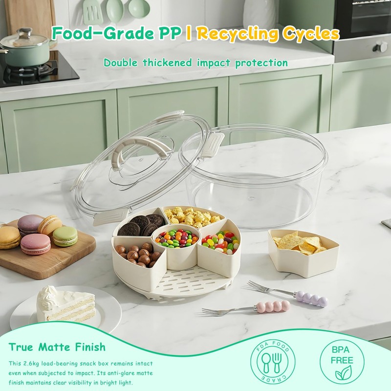 Divided Serving Tray with Lid and Handle, Rounded Snackle Box