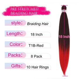 ATRAENTE Braiding Hair Pre Stretched,18 Inch 8 Packs Ombre Braiding Hair for Boho Box Braids Yaki Texture Hot Water Setting Soft And Light（18", T1B/red）