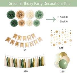 Sage Green Birthday Party Decorations for Women Girls with Happy Birthday Banner,Tissue Paper Pompoms, Paper Tassel,Star Circle Dot Hanging Garland,Birthday Balloons for Party Decor