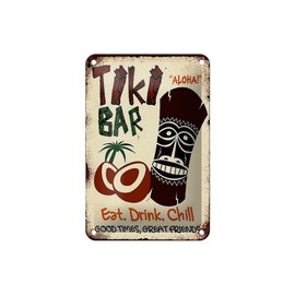Tin Sign with Saying 12 x 18 cm TIKI Bar Aloha Eat Drink Chill Decorative Sign