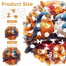 Mys Aurora Wooden Puzzles for Adults, Robin Bird Couple Jigsaw Puzzles 200 Pieces, 11 x 11.2 Inch, Medium, Unique Shaped Round Blue Birds Puzzles for Adults and Kids, Family Game