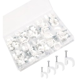 Hymyily Cable Steps Nailing Type Wire Storage Fixing Claw Wire Cord Holder Clamp Plastic with Nail Fasteners, 90 Pieces 4 Sizes 6mm 7mm 8mm 10mm Plastic Storage Box Included (White, Semicircular,