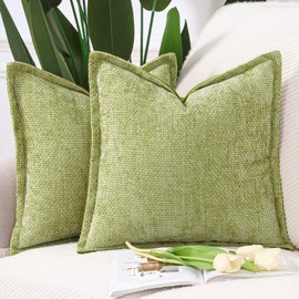 MADIZZ Chenille Velvet Throw Pillow Covers with Flange Set of 2 Super Soft Boho Textured Pillow Covers Decorative Throw Pillowcases Modern Farmhouse Home Decor for Sofa Bedroom Light Green 20x20 Inch